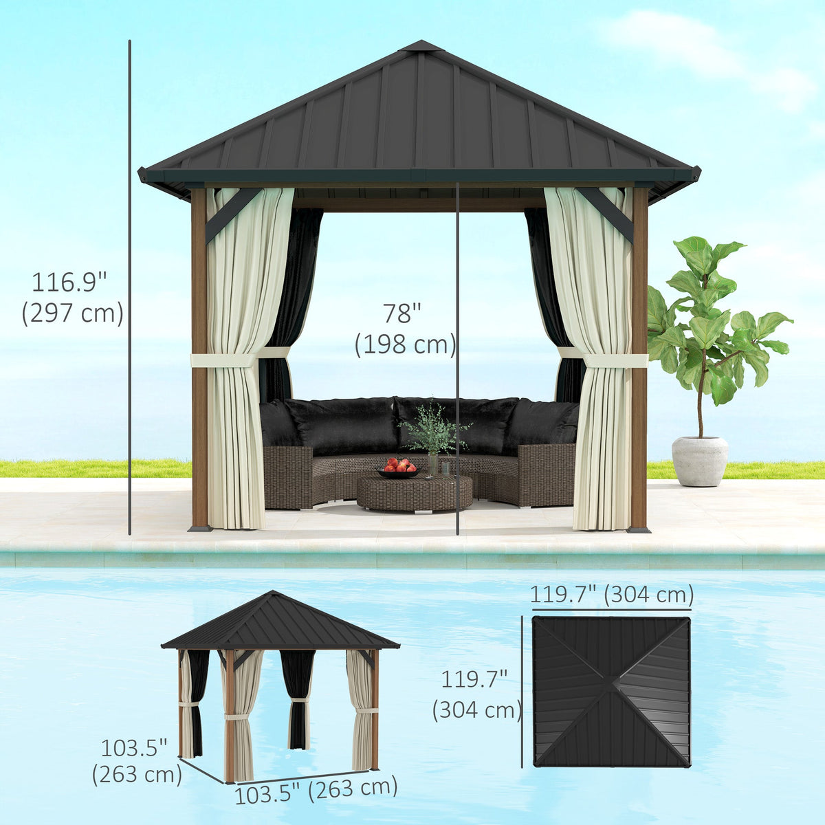 10' x 10' Hardtop Gazebo with Steel Roof & Netting, Wood Finish