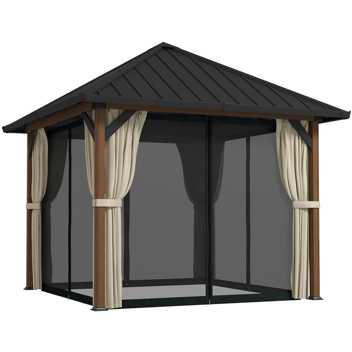 10' x 10' Hardtop Gazebo with Steel Roof & Netting, Wood Finish