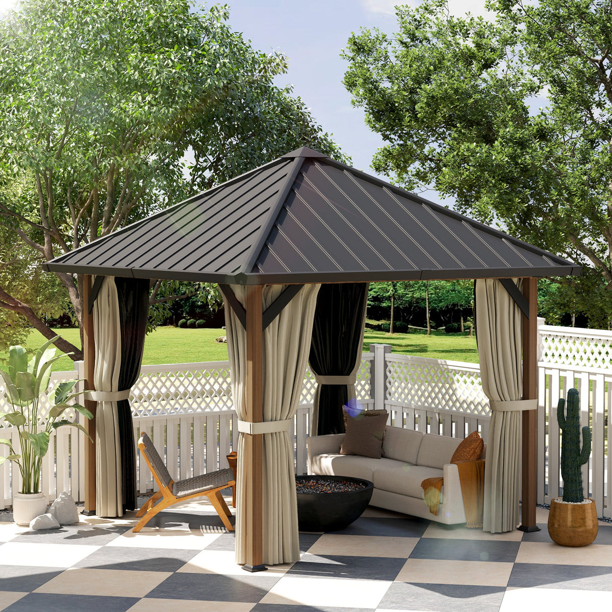 10' x 10' Hardtop Gazebo with Steel Roof & Netting, Wood Finish