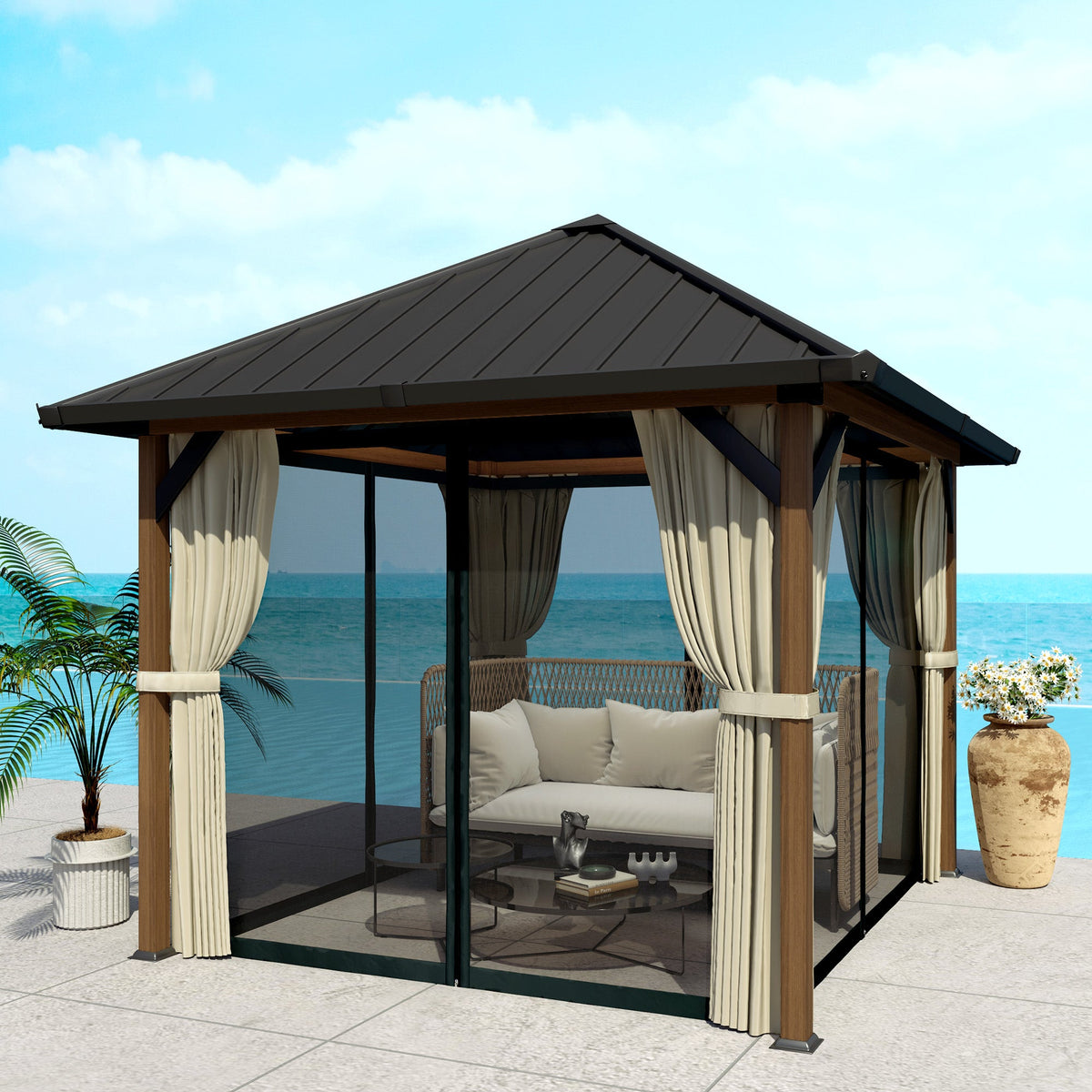 10' x 10' Hardtop Gazebo with Steel Roof & Netting, Wood Finish