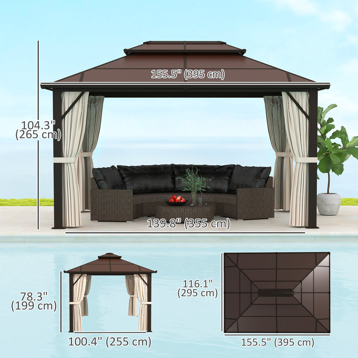 10' x 13' Hardtop Gazebo with UPF30+ Polycarbonate Double Roof, Beige