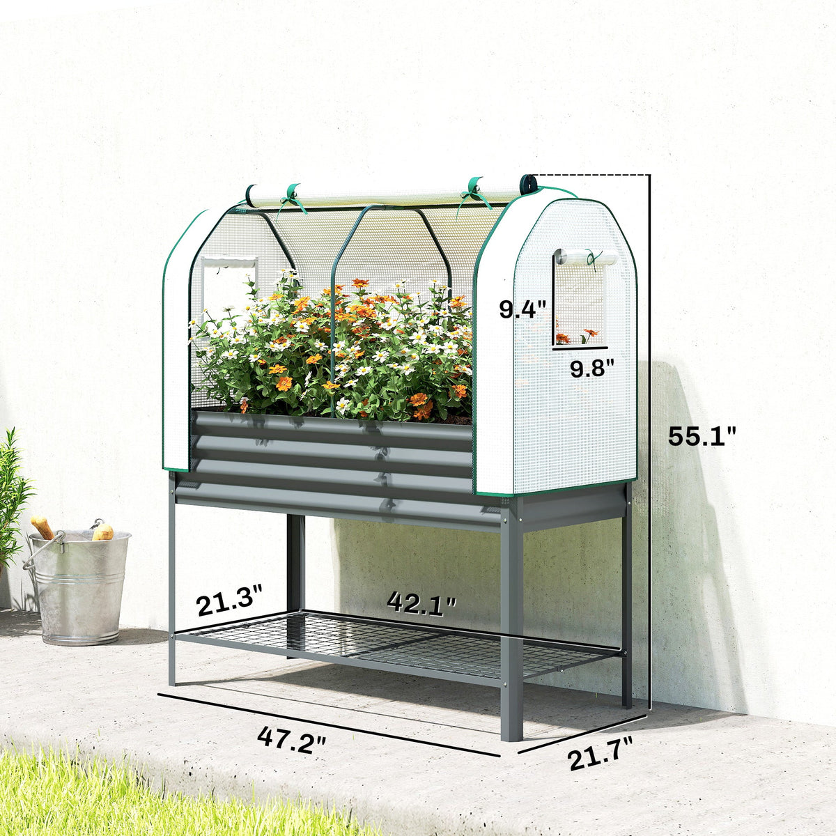 Galvanized Raised Garden Bed with Greenhouse Cover, Dark Gray