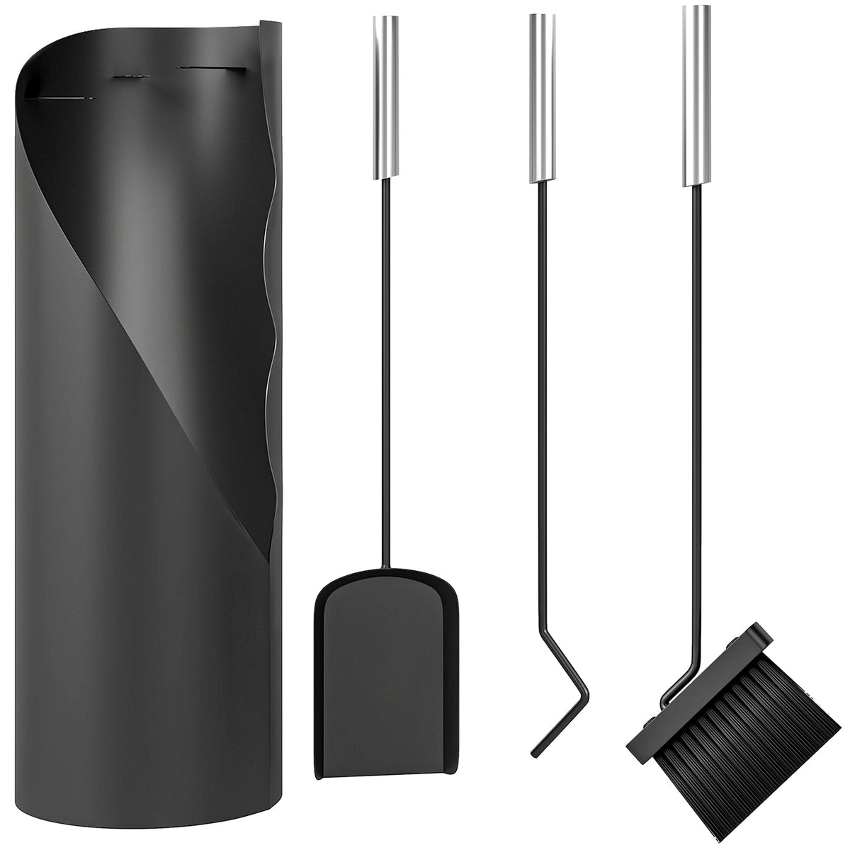 4 Piece Fireplace Companion Set with Bucket, Broom, Shovel & Poker, Silver