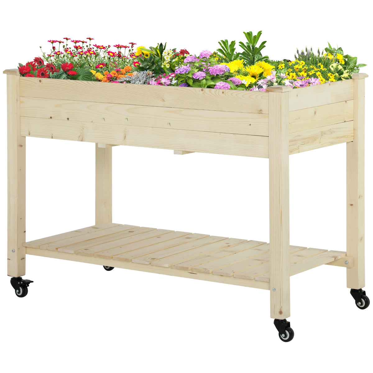 Raised Garden Bed with Lockable Wheels & Shelf, Natural