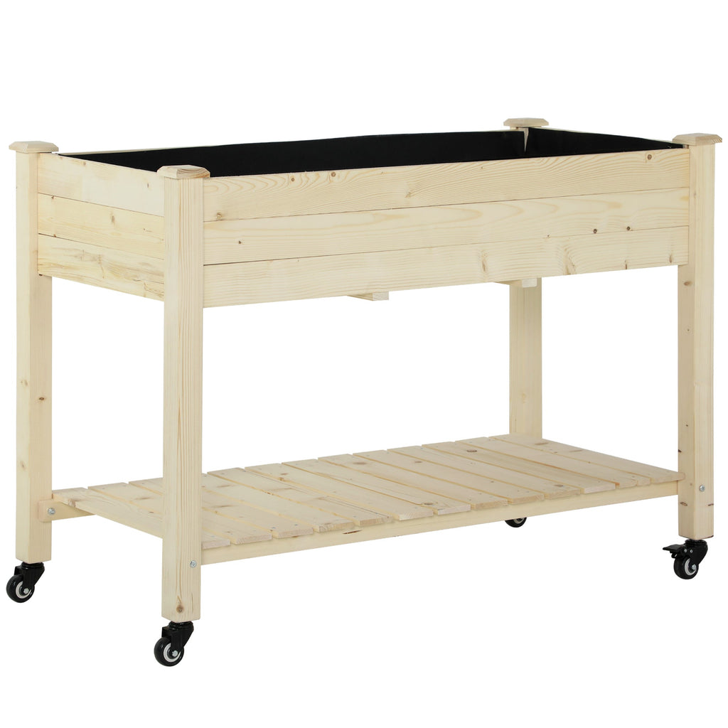 Raised Garden Bed with Lockable Wheels & Shelf, Natural