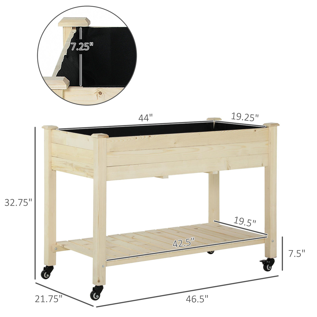Raised Garden Bed with Lockable Wheels & Shelf, Natural