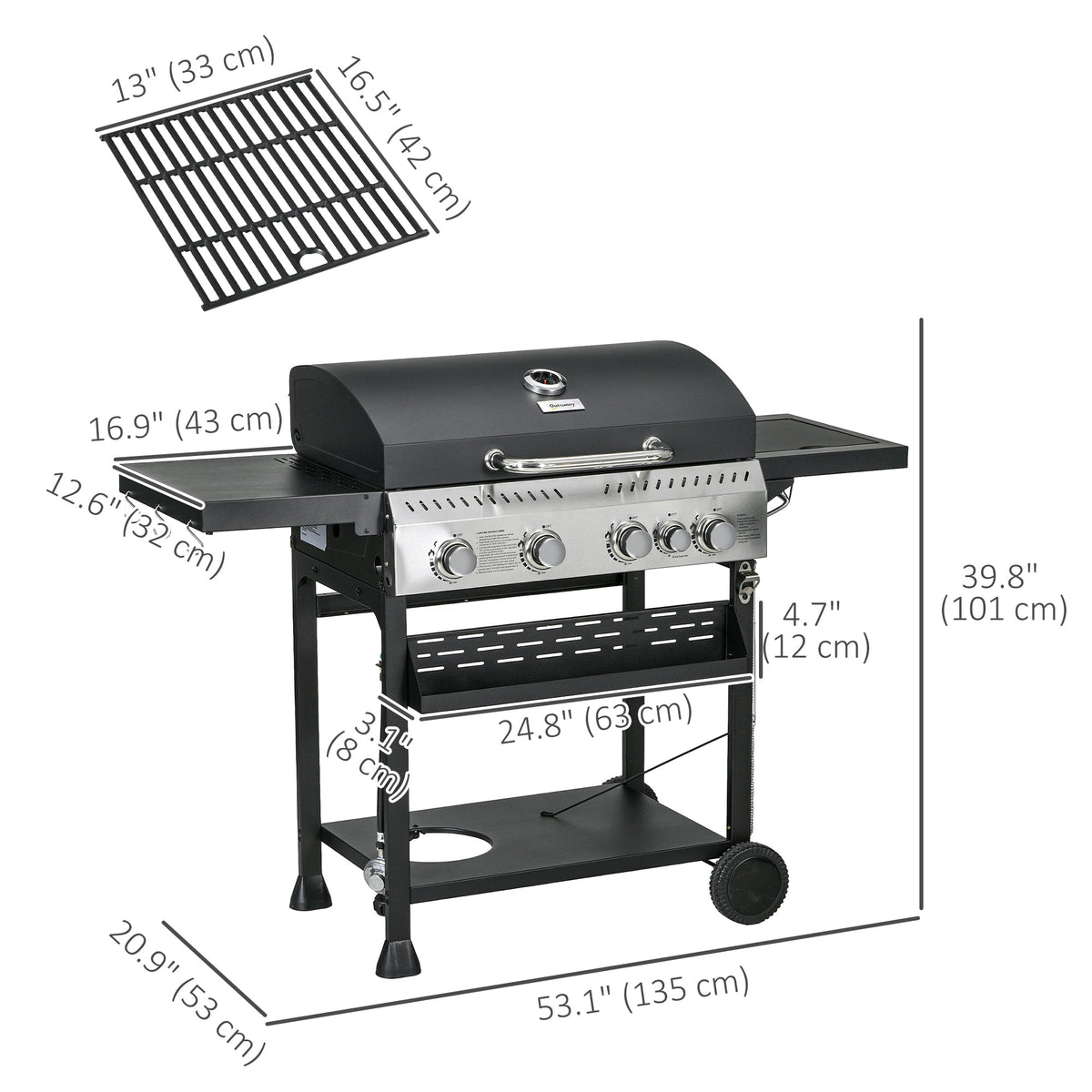 40,000 BTU Propane Grill with 4 Burners & Side Shelf, Black