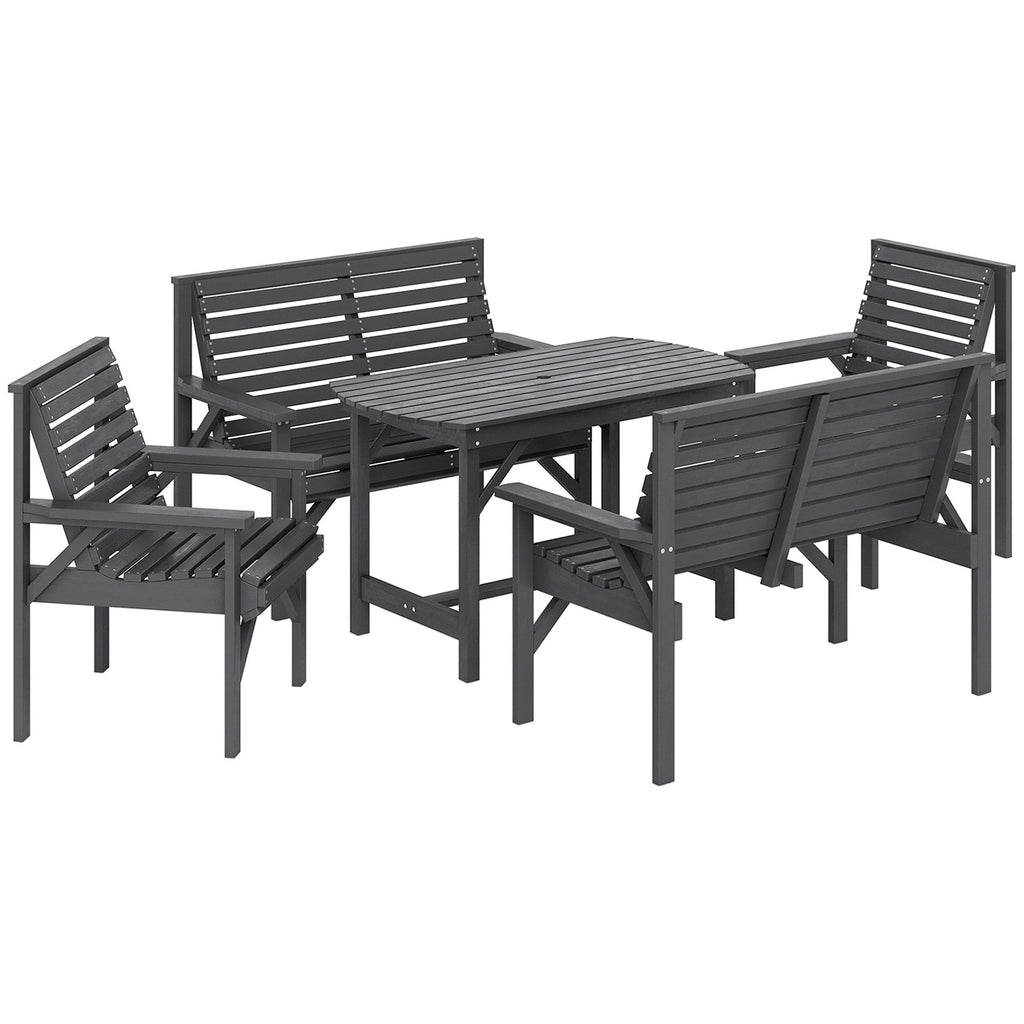 5 Piece Wooden Garden Dining Set for 6 with Umbrella Hole Table, Grey