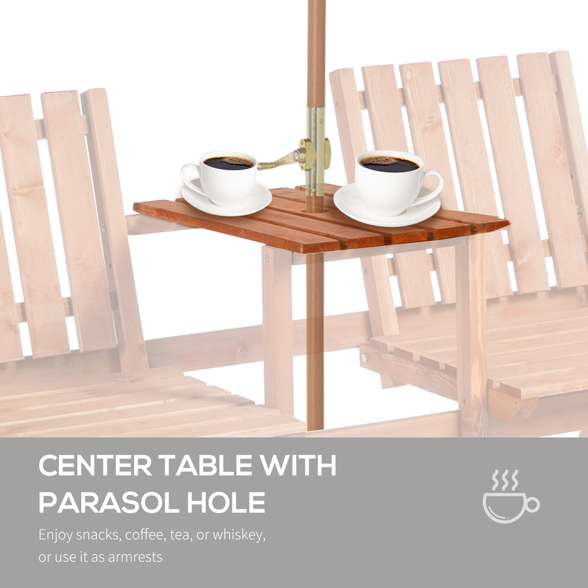 Garden Bench with Middle Table & Umbrella Hole, 2-Seater Wooden Bench, Slat Design, Orange