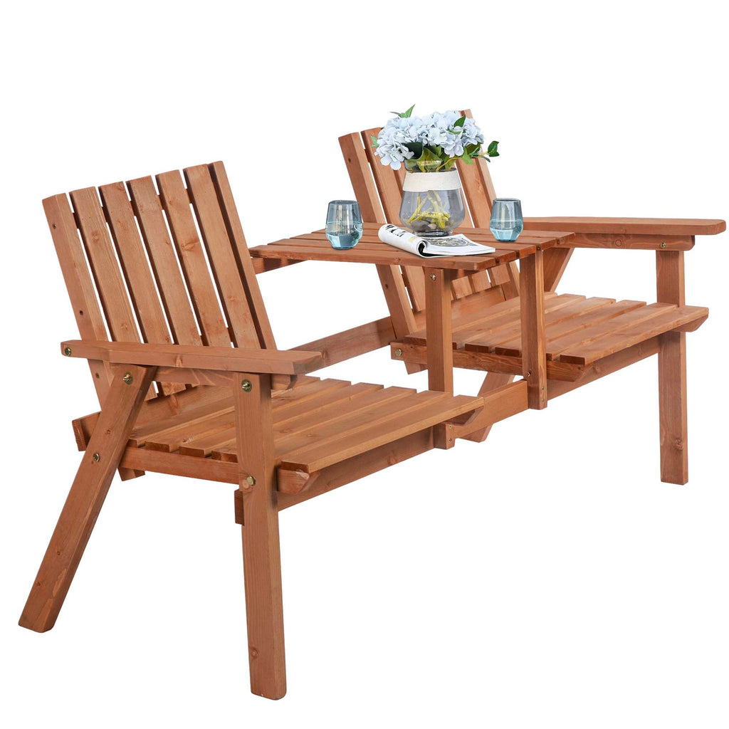 Garden Bench with Middle Table & Umbrella Hole, 2-Seater Wooden Bench, Slat Design, Orange