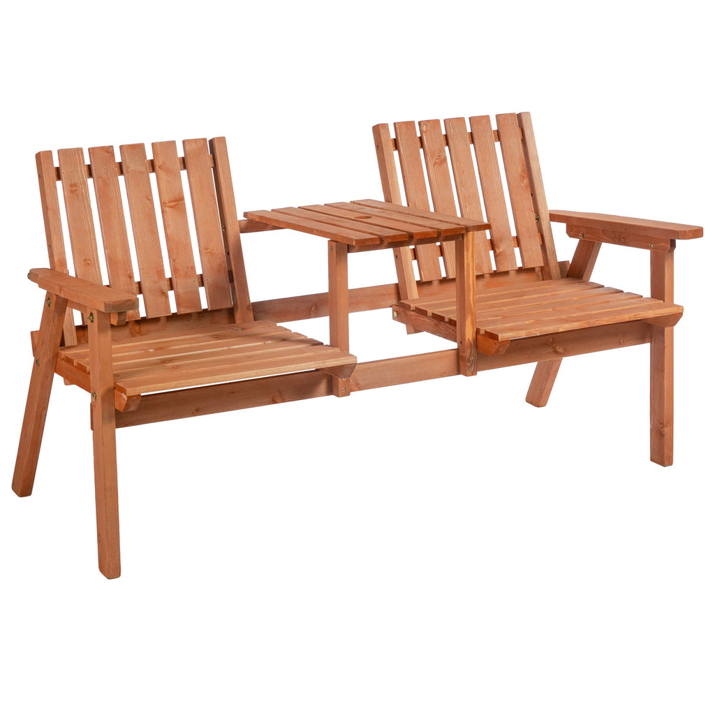 Garden Bench with Middle Table & Umbrella Hole, 2-Seater Wooden Bench, Slat Design, Orange