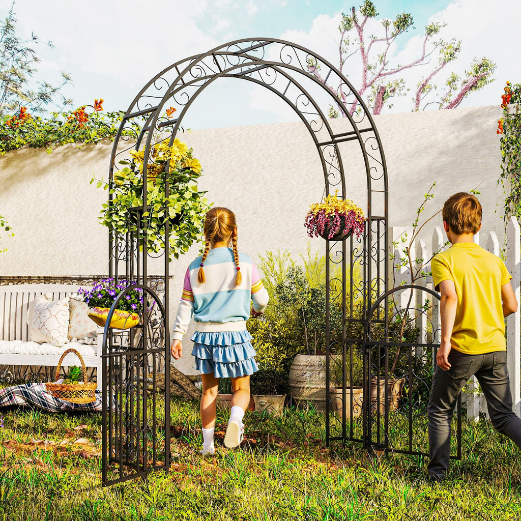 7.4ft Steel Garden Arch with Gate, Garden Arbor Trellis for Climbing Plants, Black