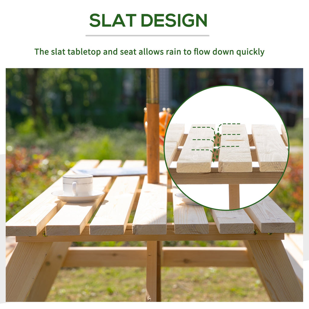 150 cm 6 Seater Wooden Picnic Table Bench with Parasol Hole, Natural Wood