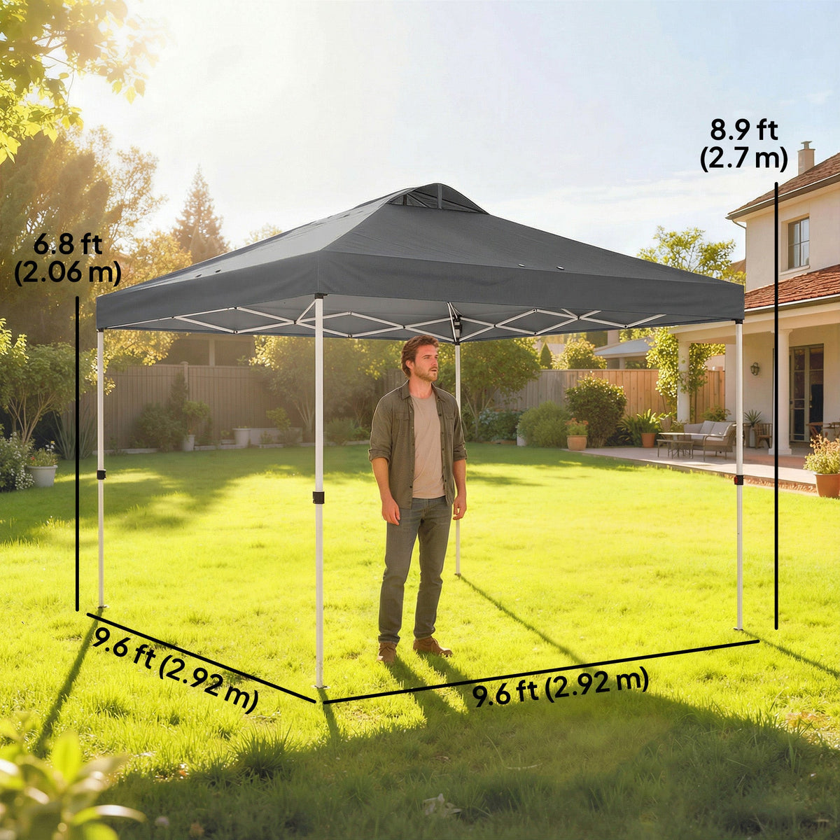 9.8' x 9.8' Pop-Up Canopy with Carrying Bag, Stakes and Ropes, Dark Grey