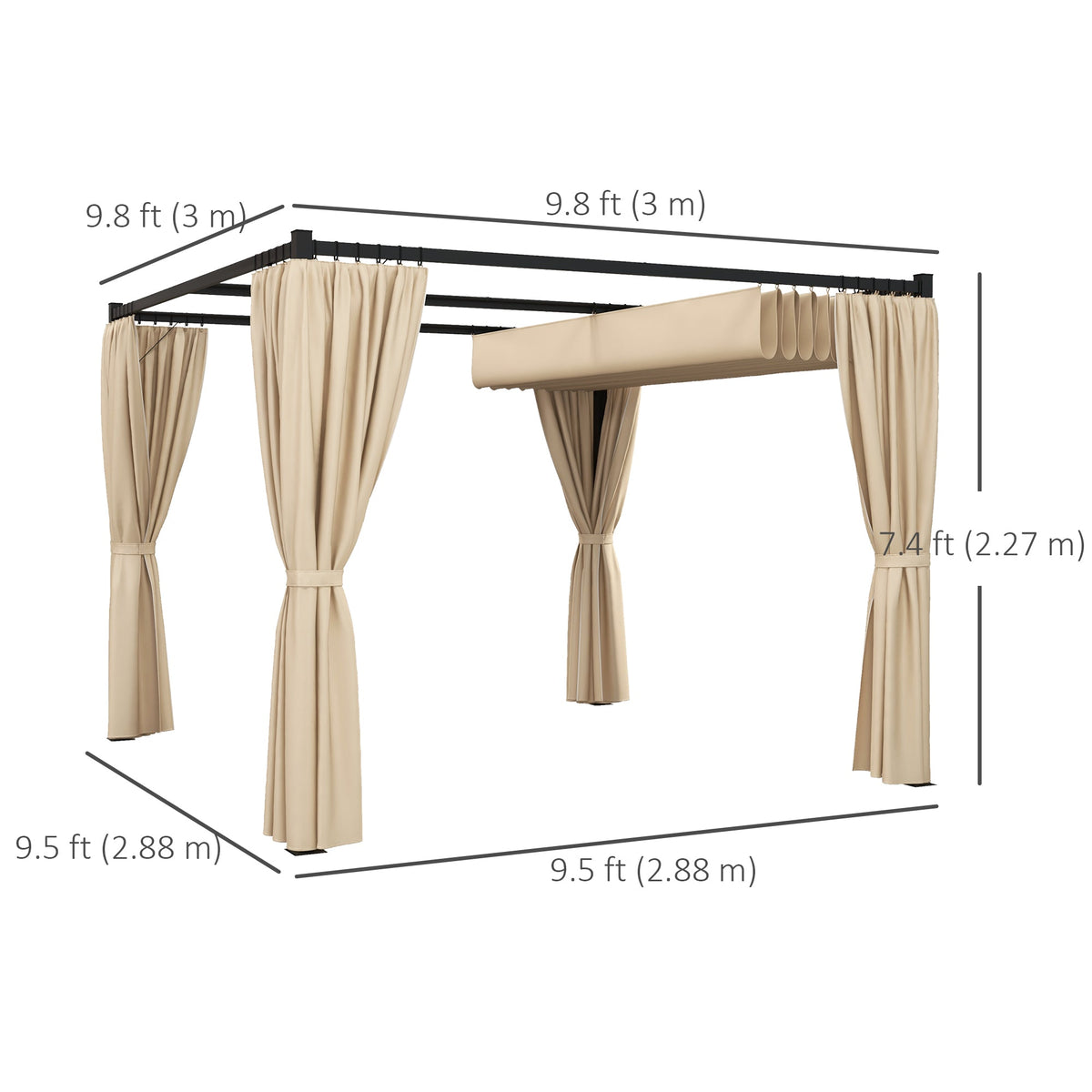 10' x 10' Pergola with Retractable Canopy & Curtains, Beige