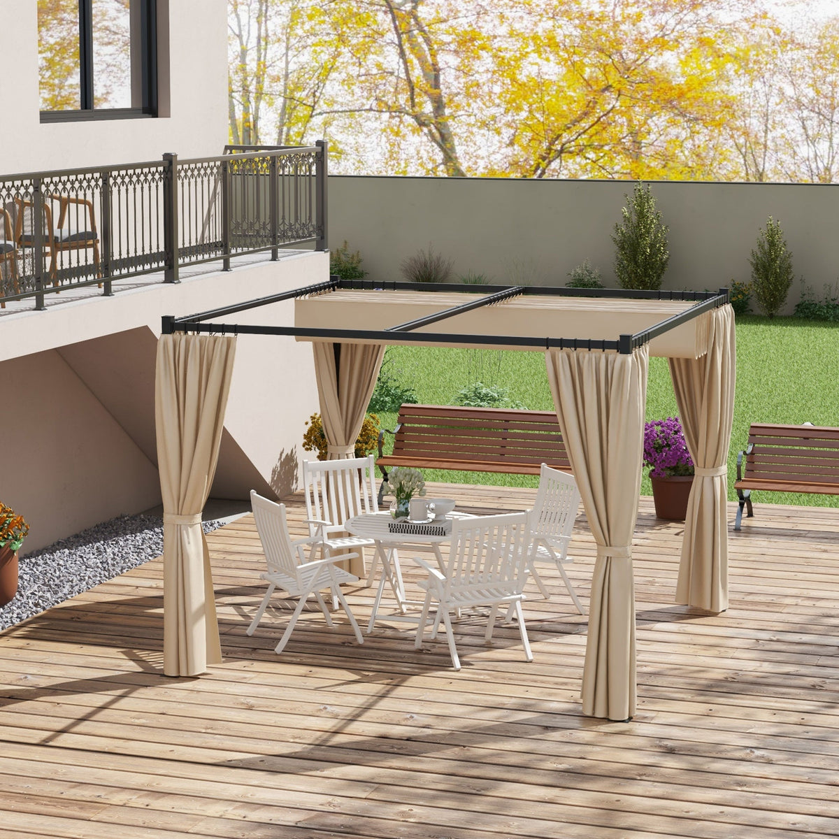 10' x 10' Pergola with Retractable Canopy & Curtains, Beige