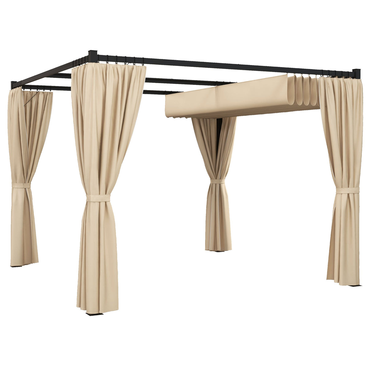 10' x 10' Pergola with Retractable Canopy & Curtains, Beige