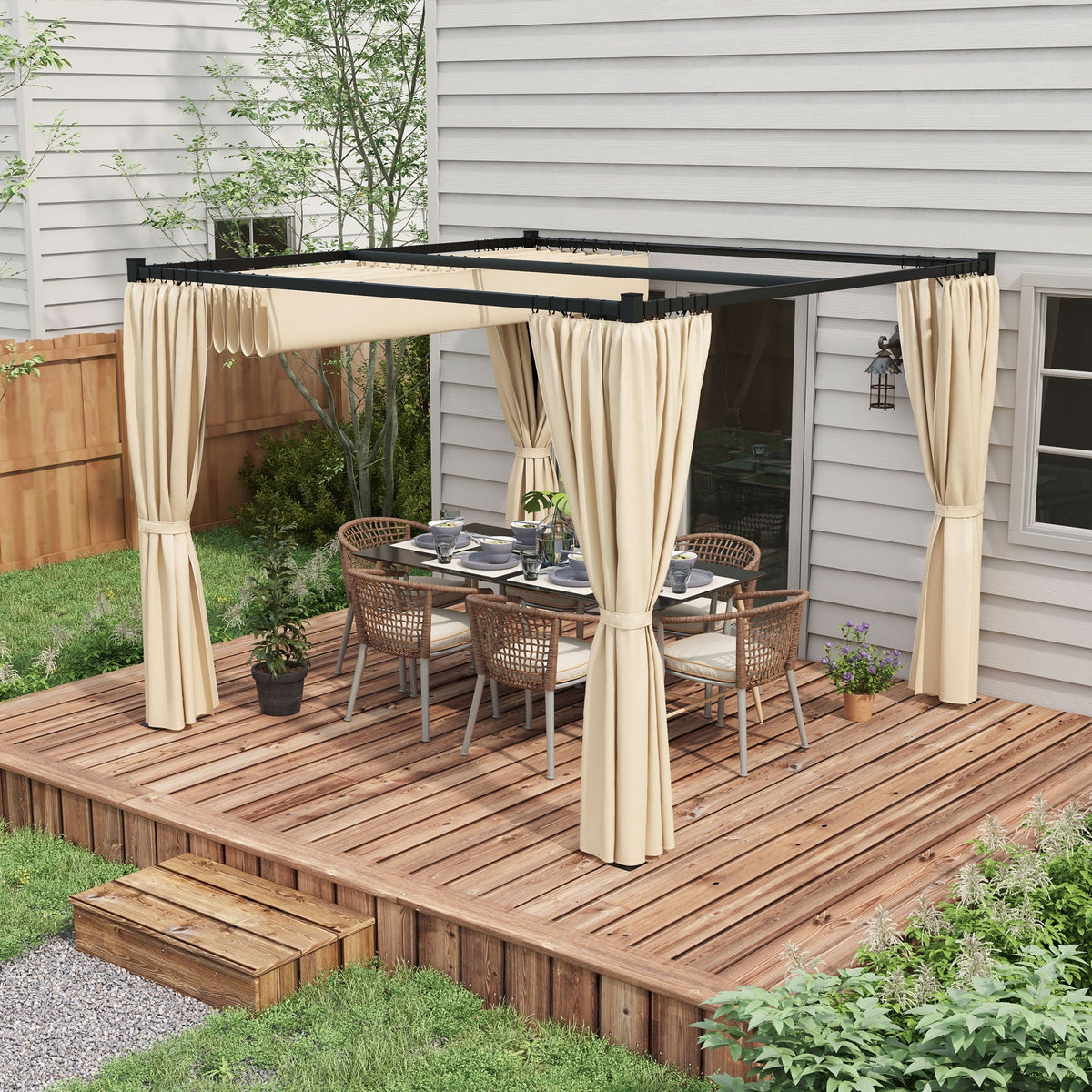 10' x 10' Pergola with Retractable Canopy & Curtains, Beige