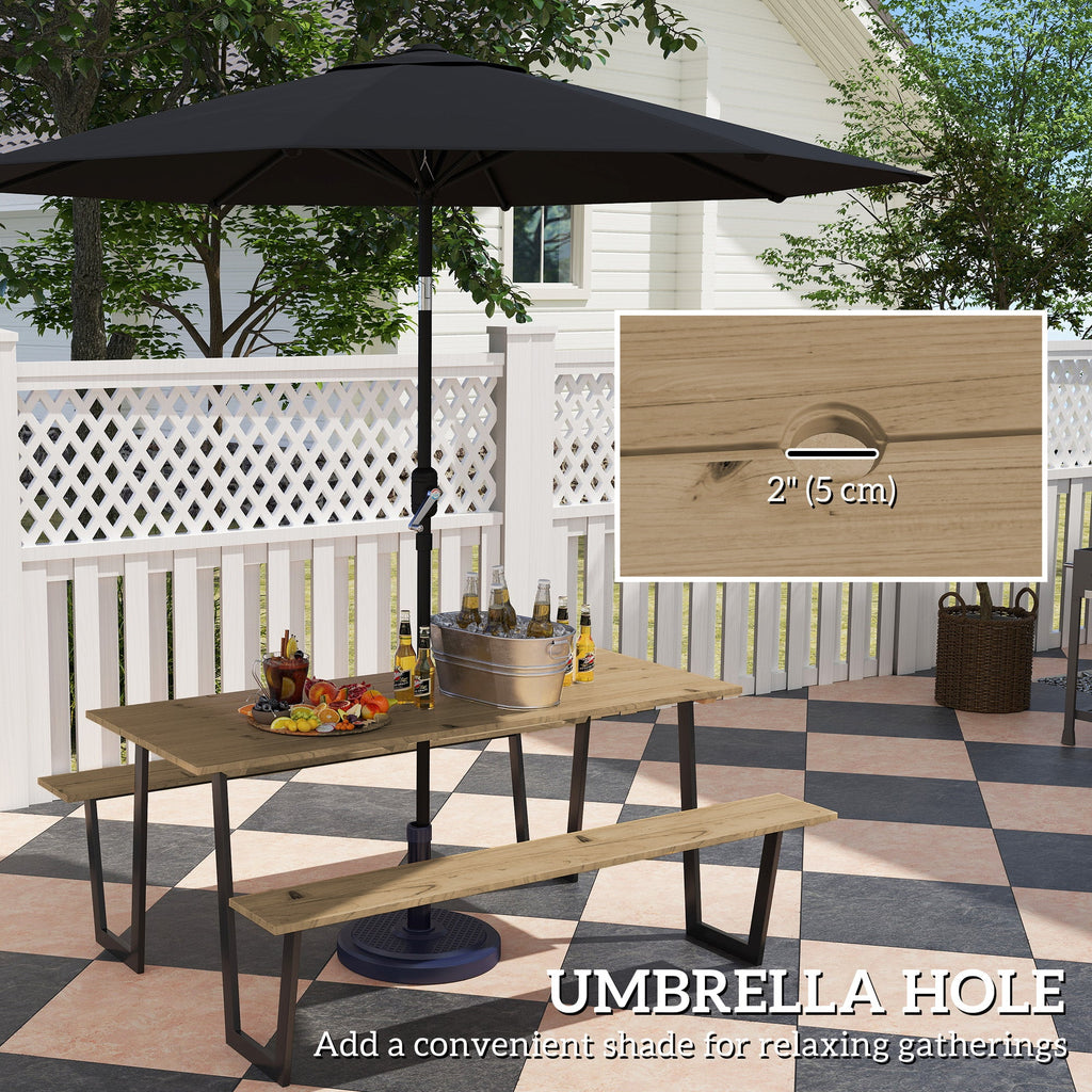 Outdoor Picnic Spruce Wood Table Set for 6-8, 2" Umbrella Hole, 795 LBS Benches, Brown