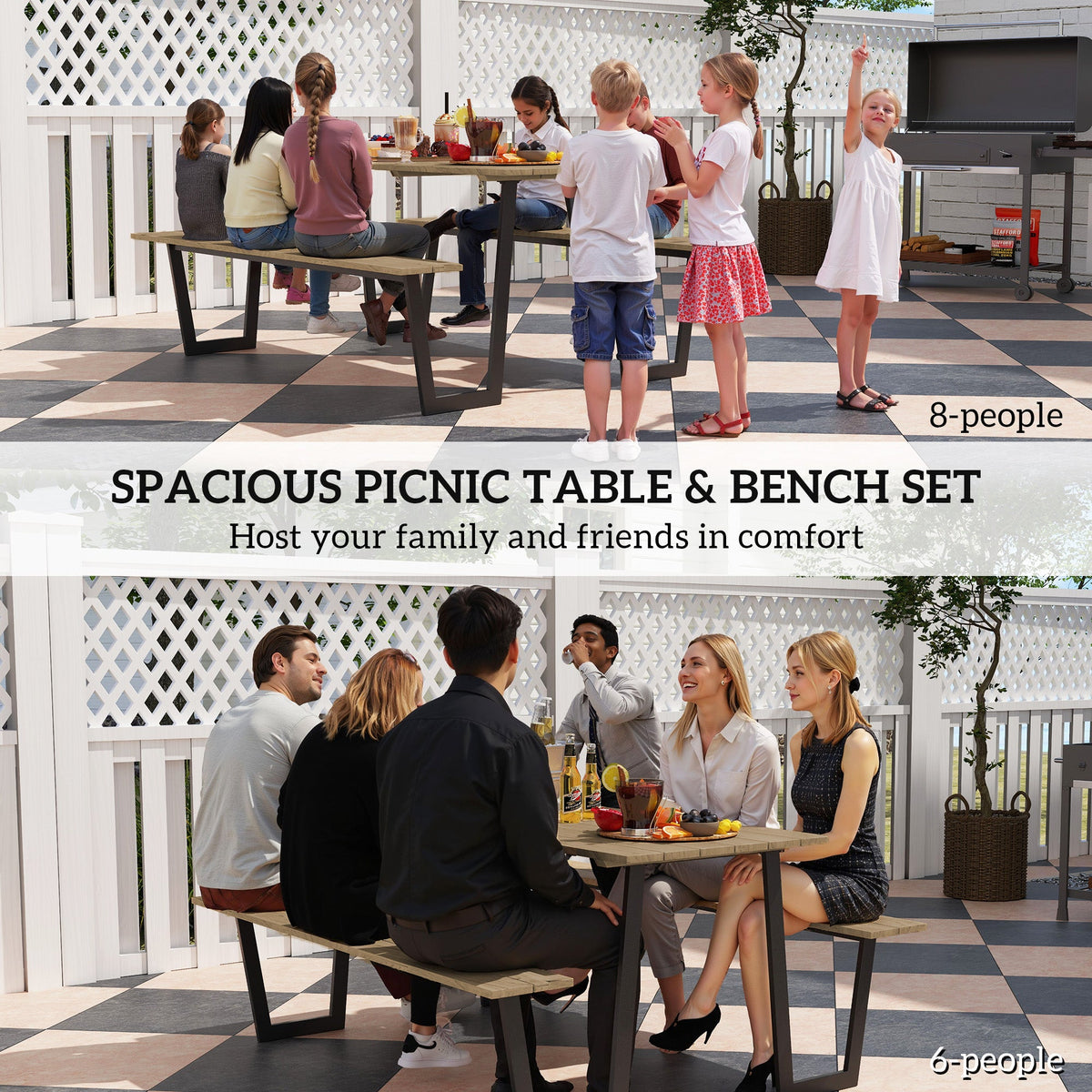 Outdoor Picnic Spruce Wood Table Set for 6-8, 2" Umbrella Hole, 795 LBS Benches, Brown