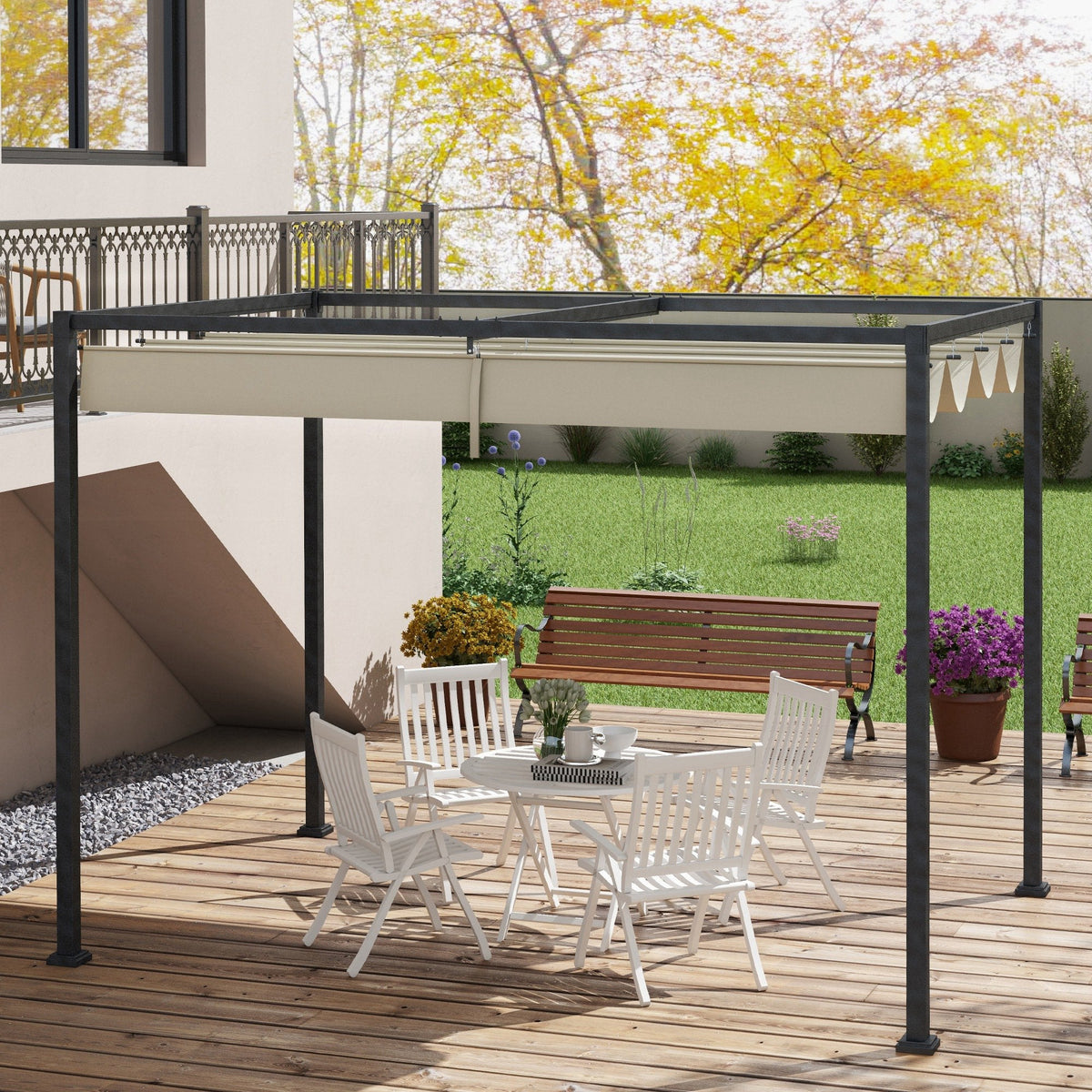 10' x 7' Retractable Pergola Canopy, Outdoor Sun Shade, Cream White