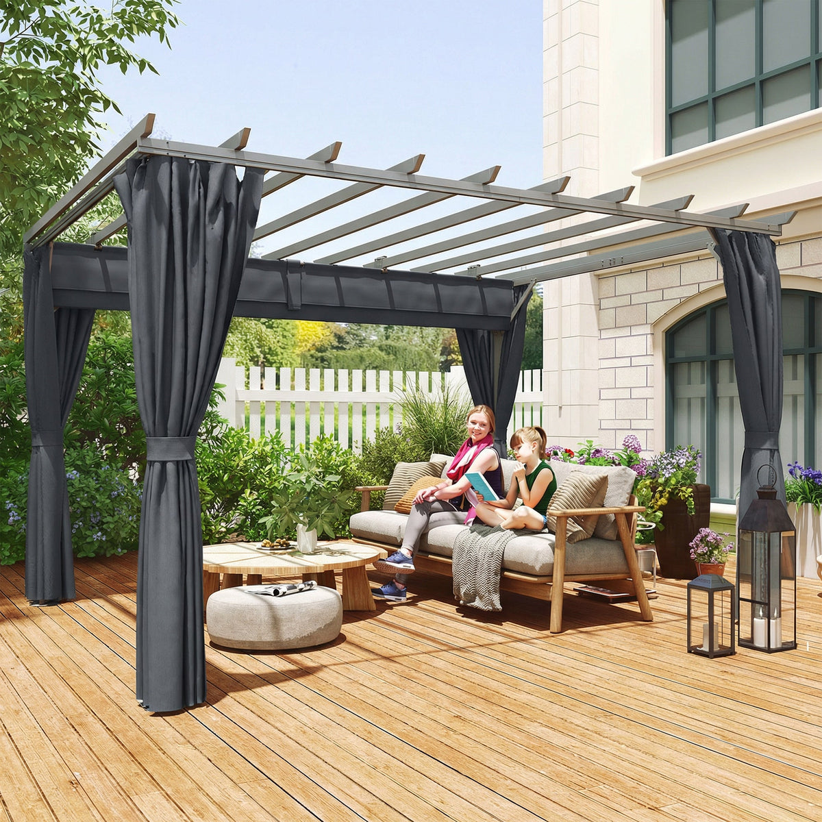 3.6 x 3 m Pergola with Retractable Roof and Curtains, Dark Grey