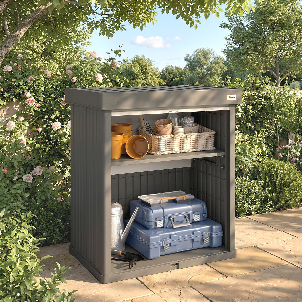 82 Gallon Outdoor Storage Box with Roll-Up Door and Removable Shelf, Grey