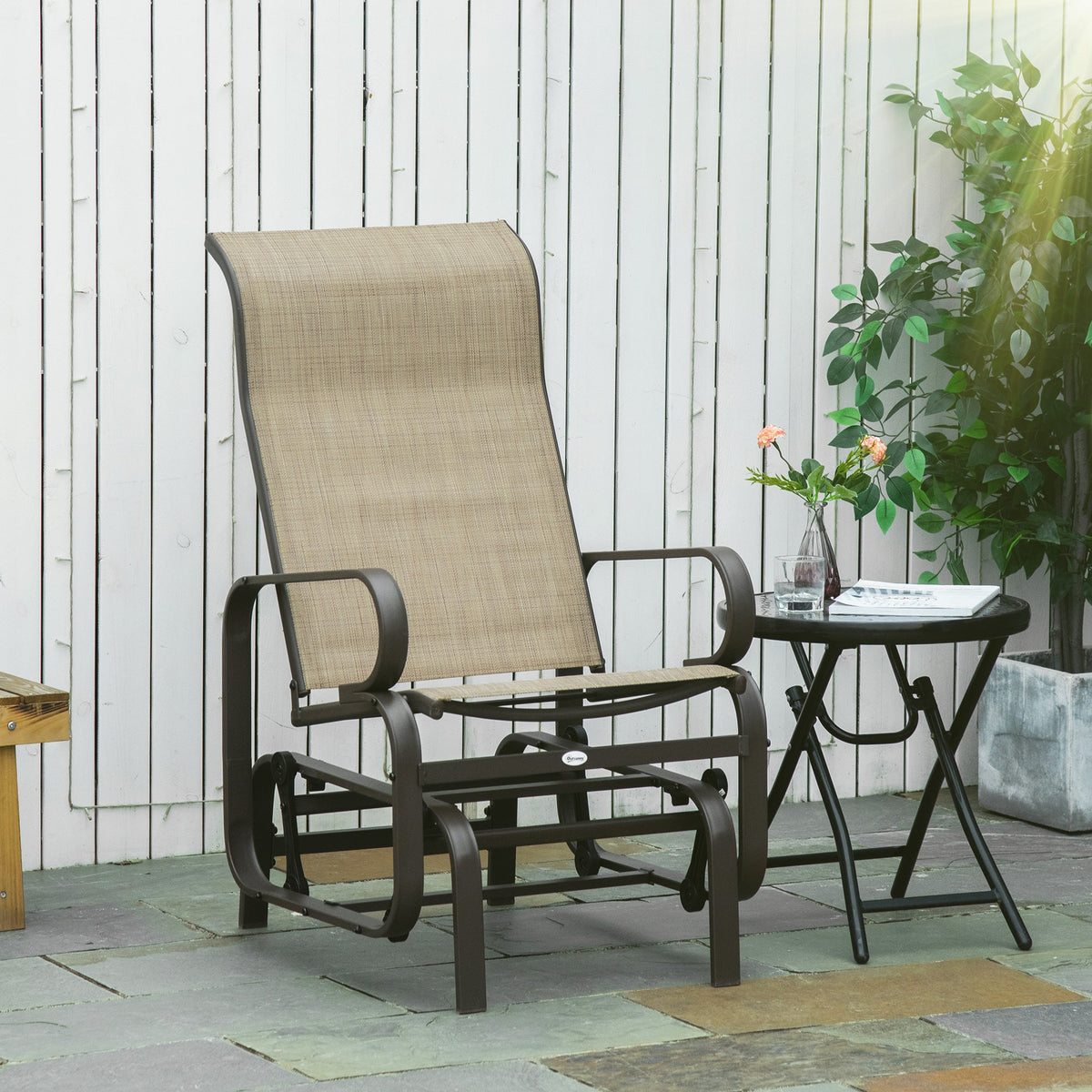 Patio Glider with Breathable Mesh Fabric, Outdoor Garden Rocking Gliding Seat, Brown Flaxen