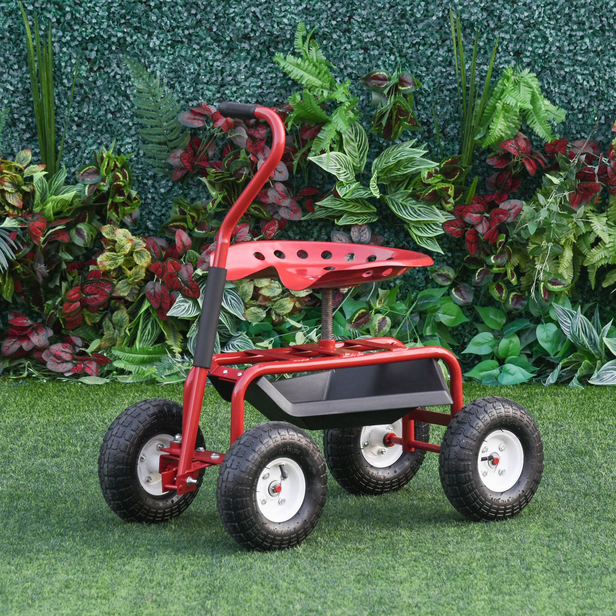 Garden Rolling Cart with Swivel and Adjustable Seat, Tool Tray, Bucket Basket, Red