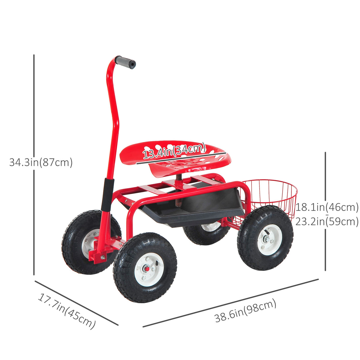 Garden Rolling Cart with Swivel and Adjustable Seat, Tool Tray, Bucket Basket, Red