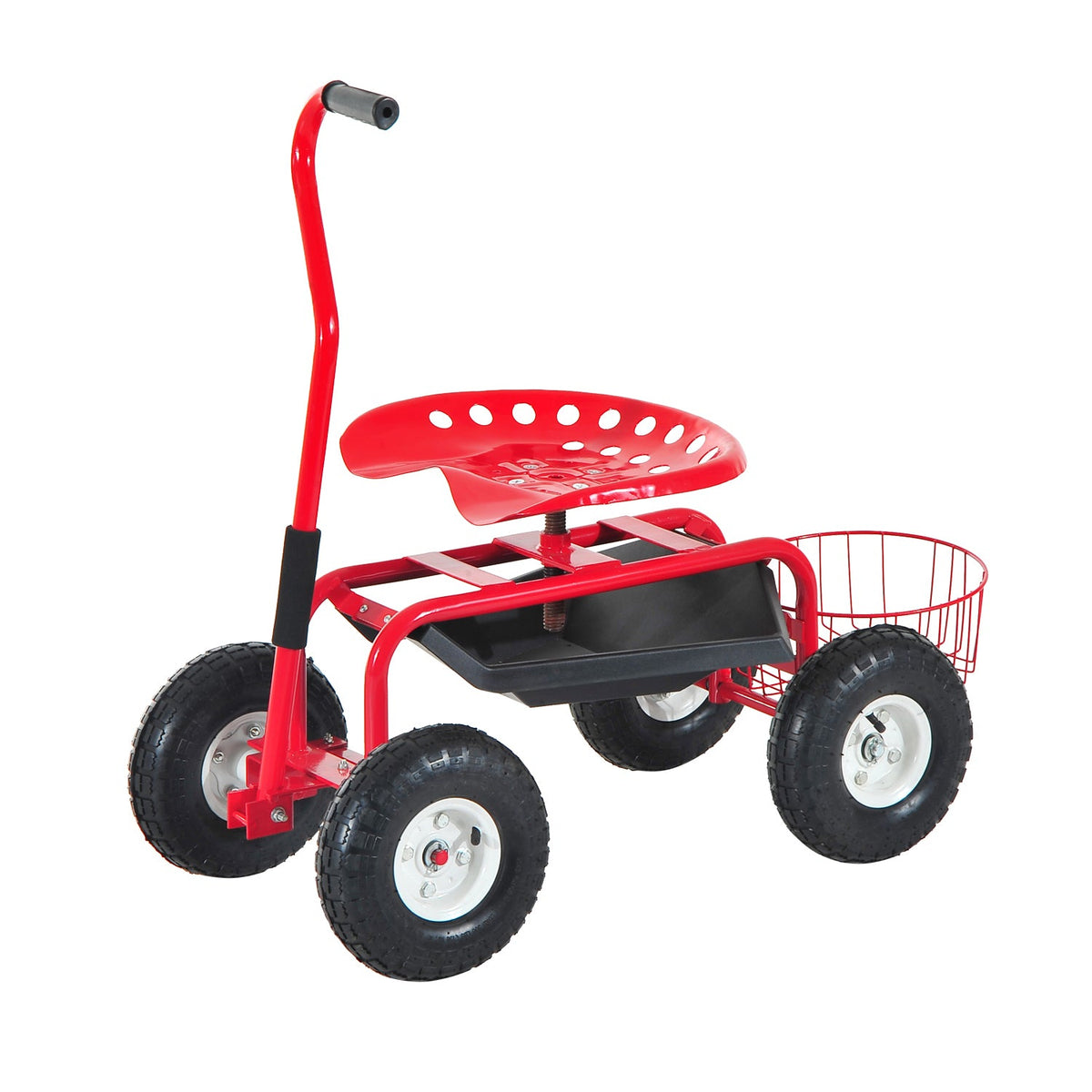 Garden Rolling Cart with Swivel and Adjustable Seat, Tool Tray, Bucket Basket, Red