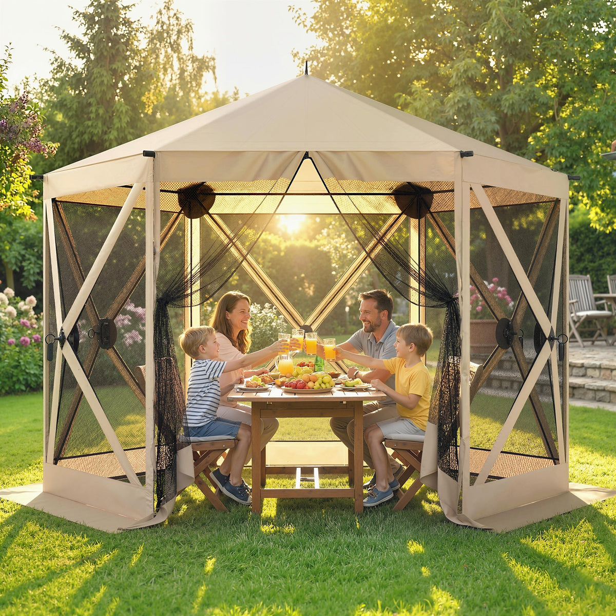 10' x 11' Pop Up Gazebo Screen Tent with Mesh Netting, Beige
