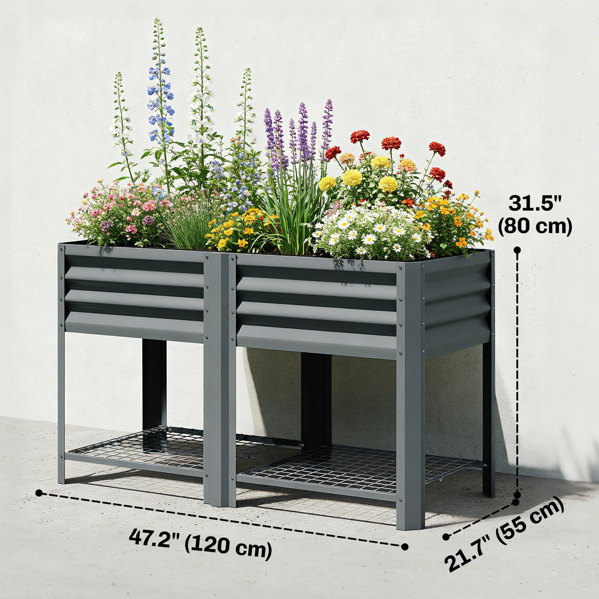 Galvanized Steel Raised Garden Bed with Legs and Storage Shelf, Dark Grey
