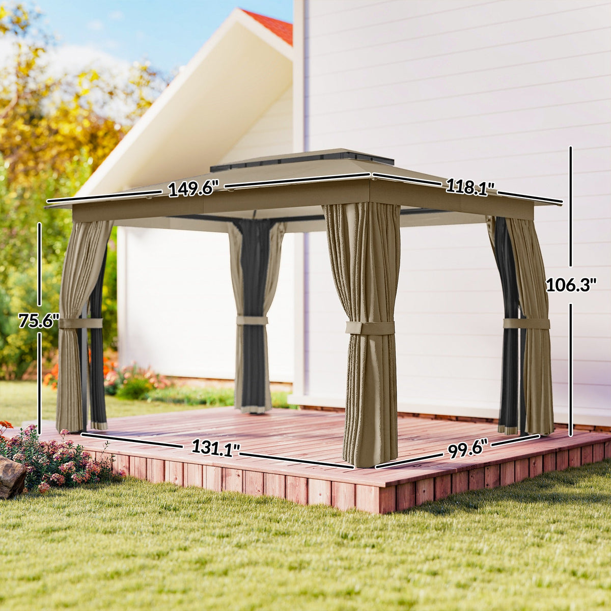 10' x 12' Soft Top Gazebo Canopy Shelter with Double Roof, Curtains, UPF30+ Protection, Deck, Khaki