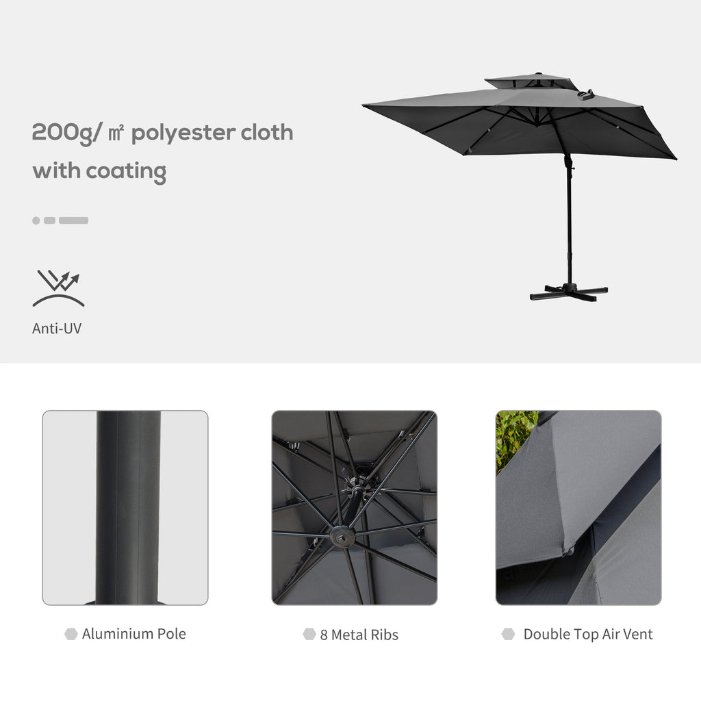 10' x 10' Double Top Square Offset Umbrella with Umbrella Cover, Charcoal Grey