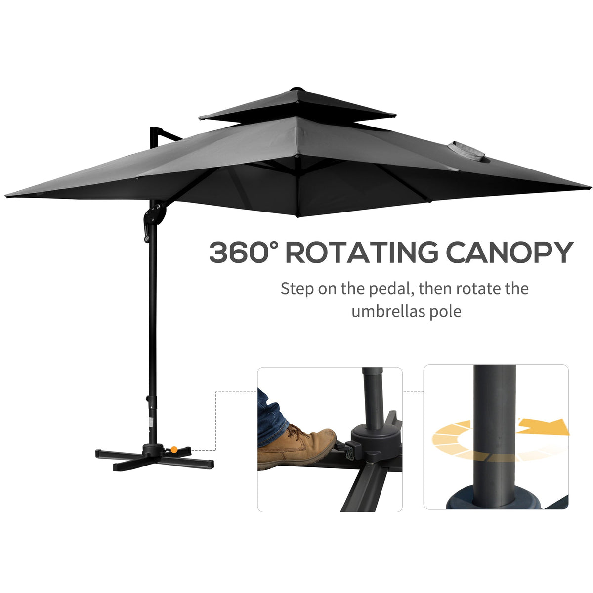10' x 10' Double Top Square Offset Umbrella with Umbrella Cover, Charcoal Grey