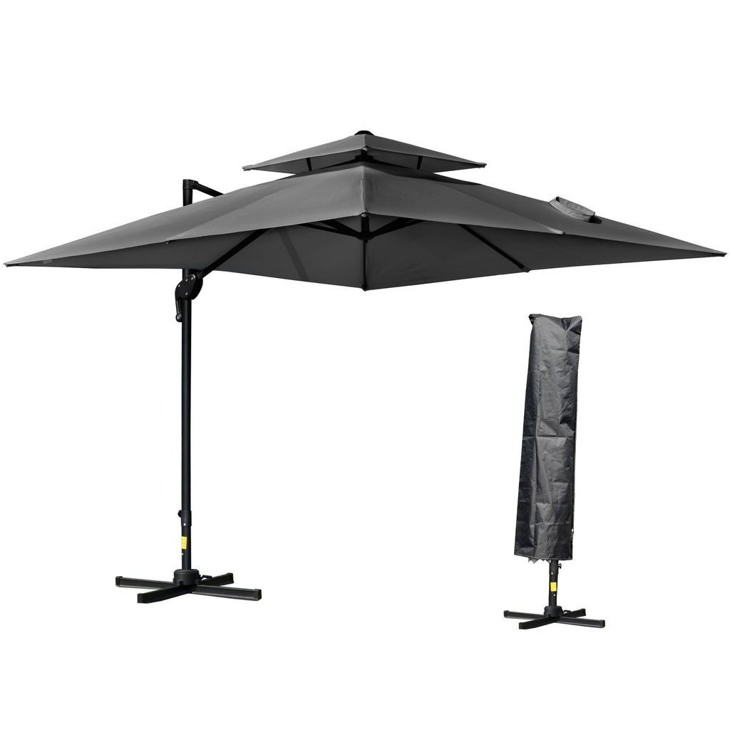 10' x 10' Double Top Square Offset Umbrella with Umbrella Cover, Charcoal Grey