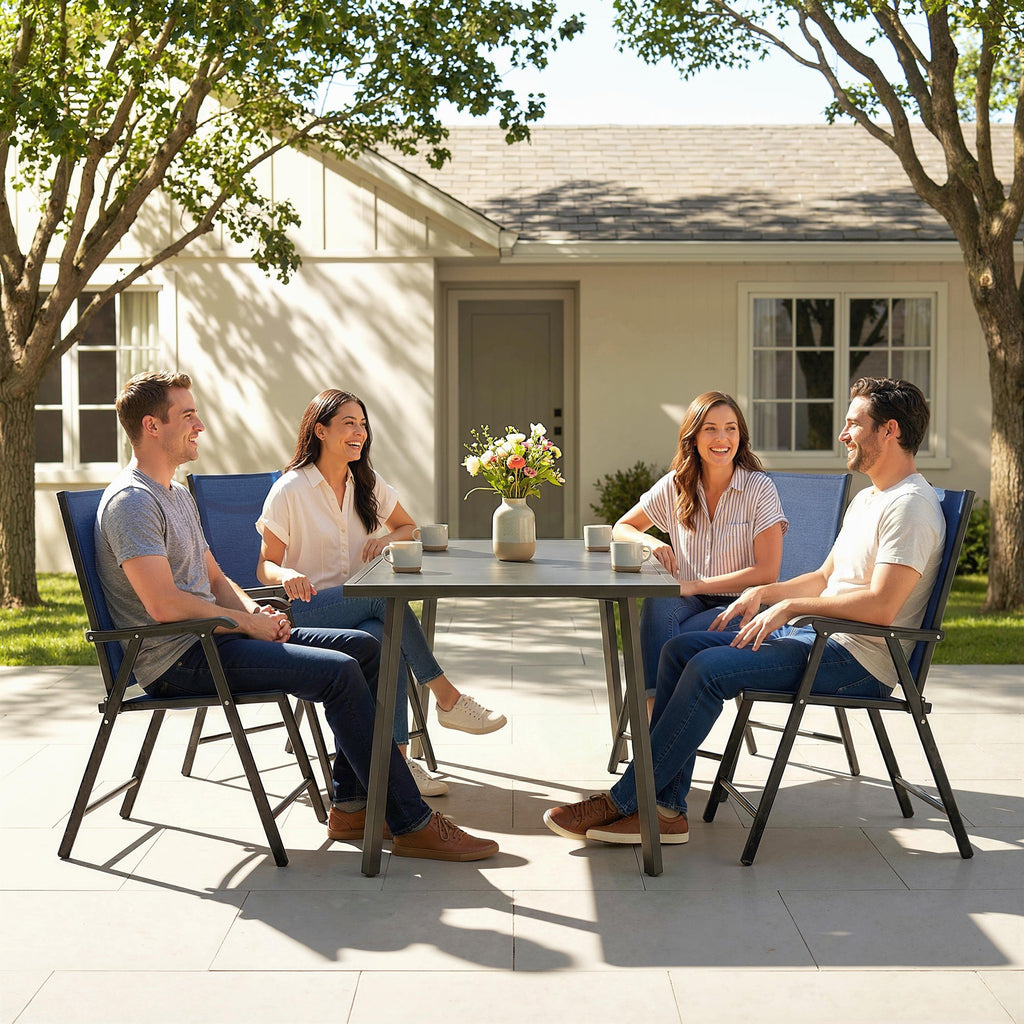 Set of 4 Folding Garden Chairs with High Back and Armrests, Navy Blue