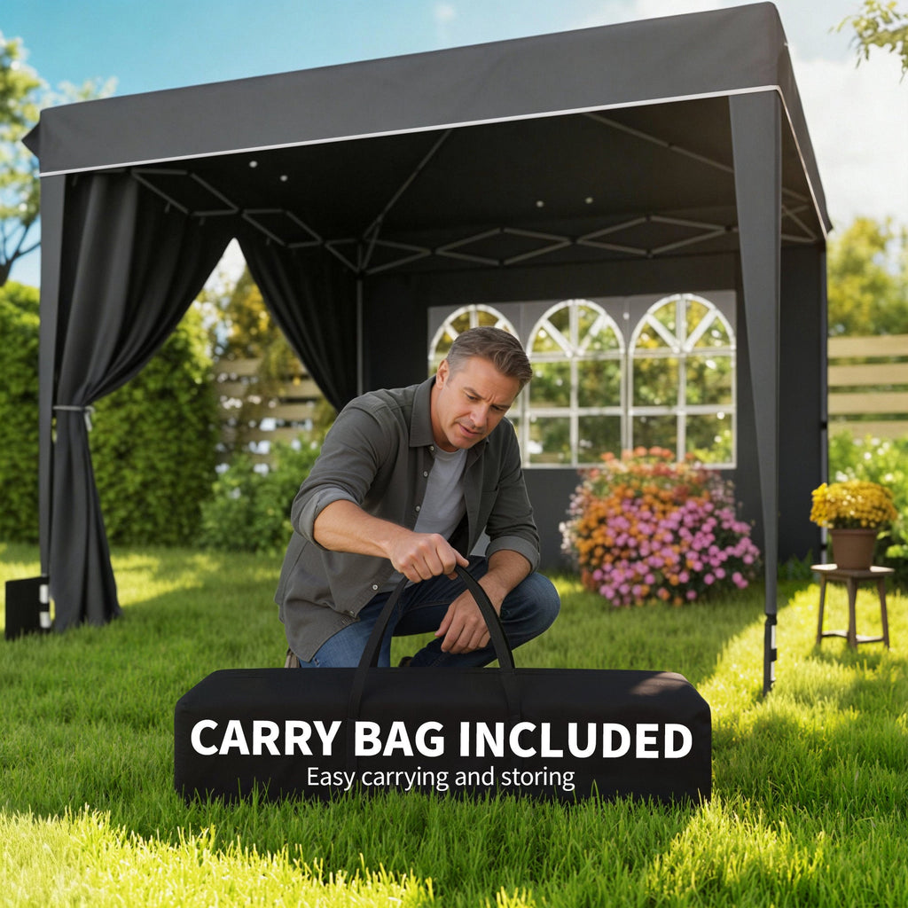 10 x 10 ft Pop Up Canopy Tent with Carry Bag, Sandbags, Adjustable Height for Parties, Events, Camping, UPF50+, Black