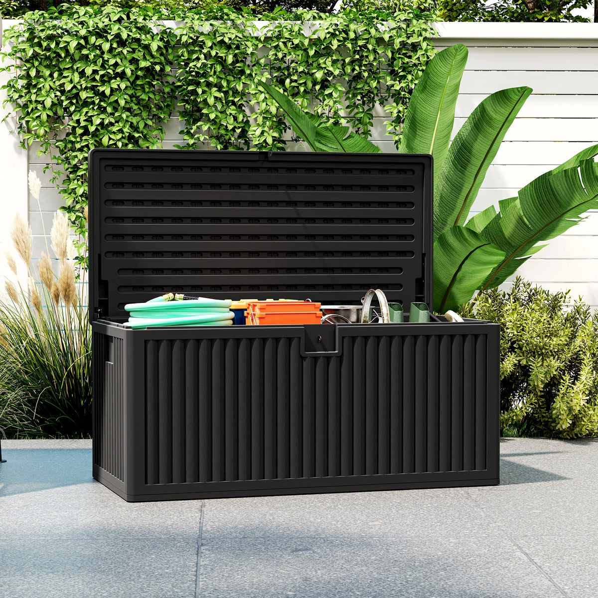 140 Gallon Black Resin Deck Box with Gas Struts, Waterproof & UV Resistant, Black