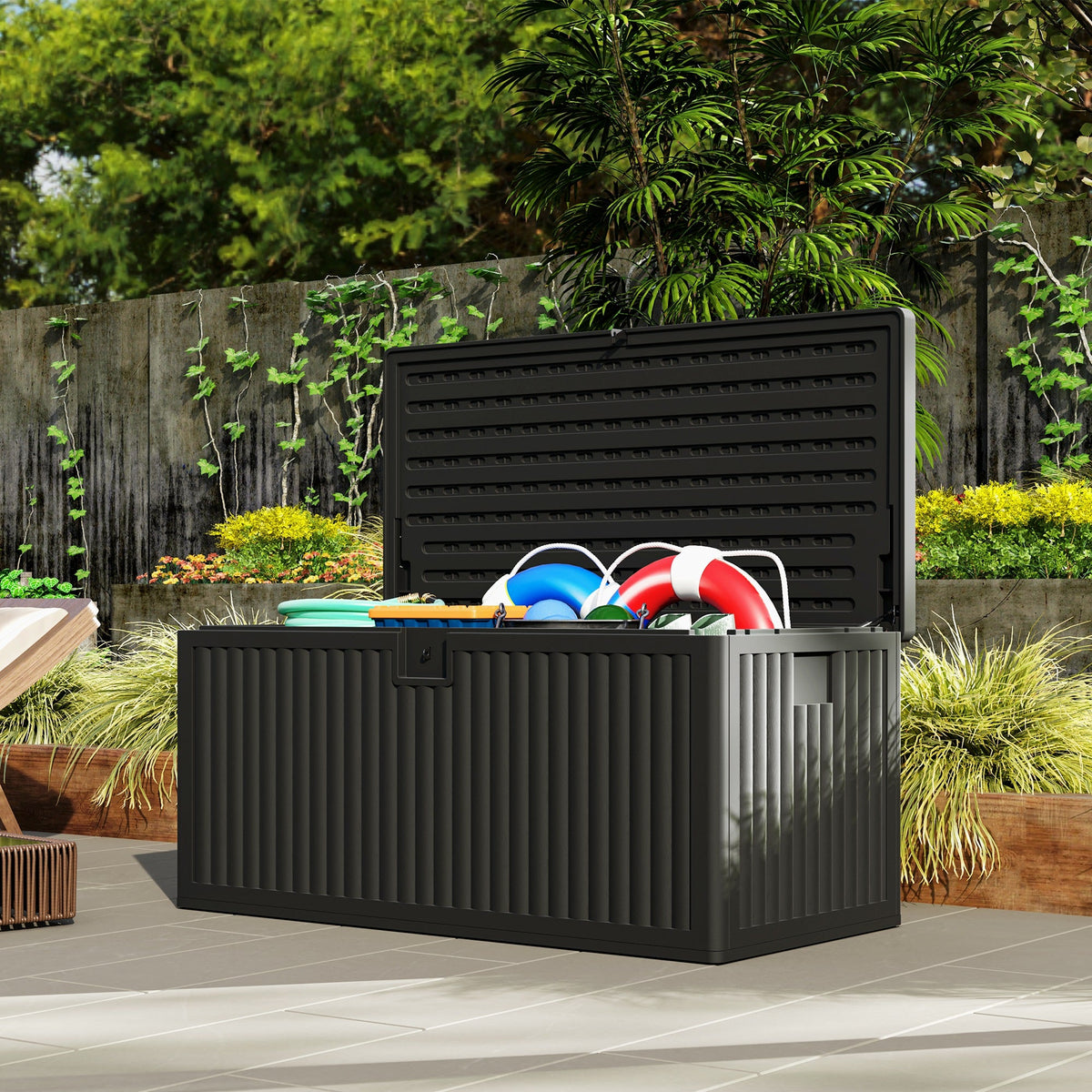 140 Gallon Black Resin Deck Box with Gas Struts, Waterproof & UV Resistant, Black