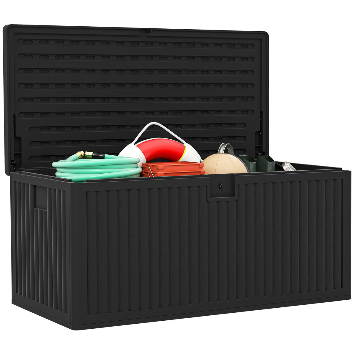 140 Gallon Black Resin Deck Box with Gas Struts, Waterproof & UV Resistant, Black