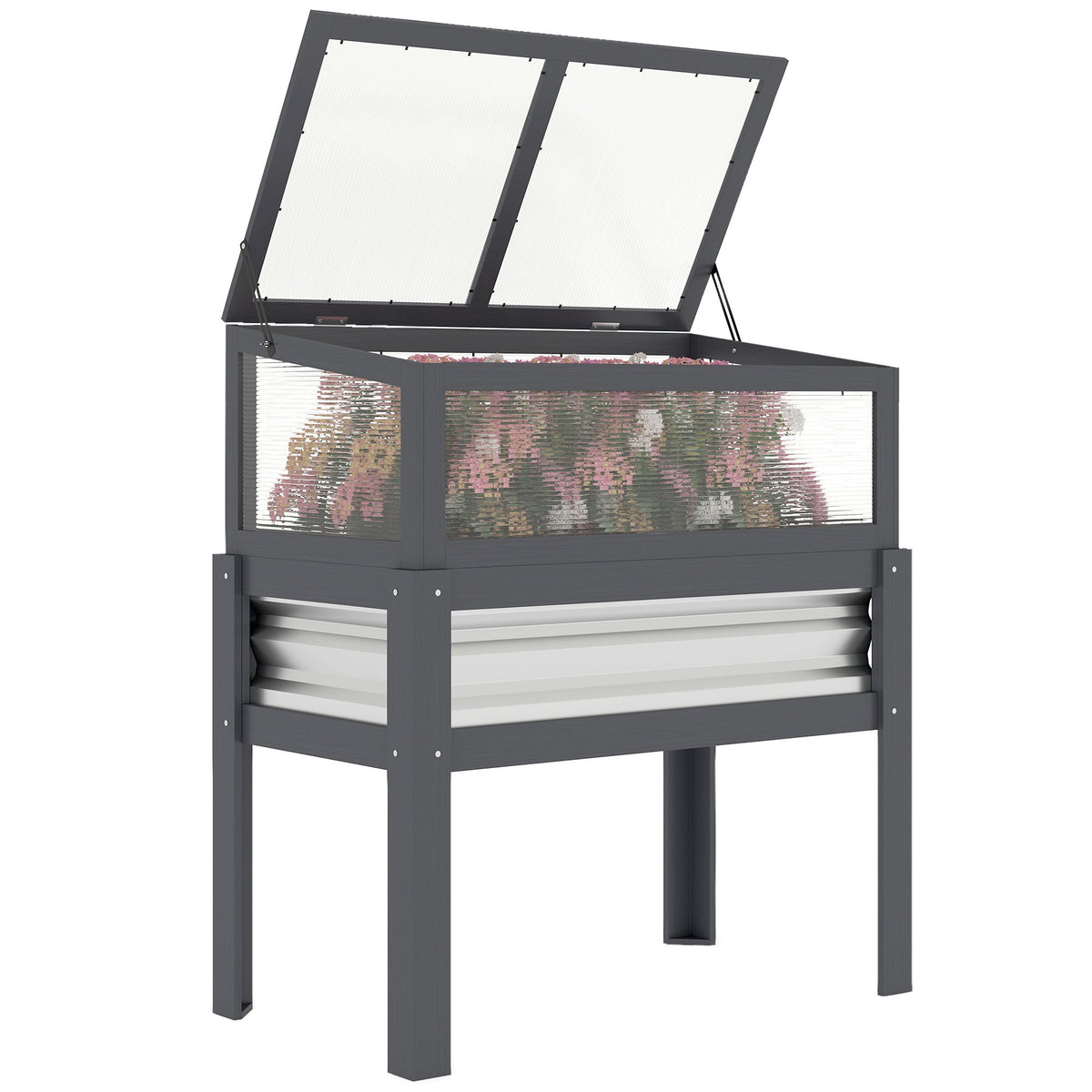Raised Garden Bed with Flip-Up Greenhouse Top and Legs, Gray