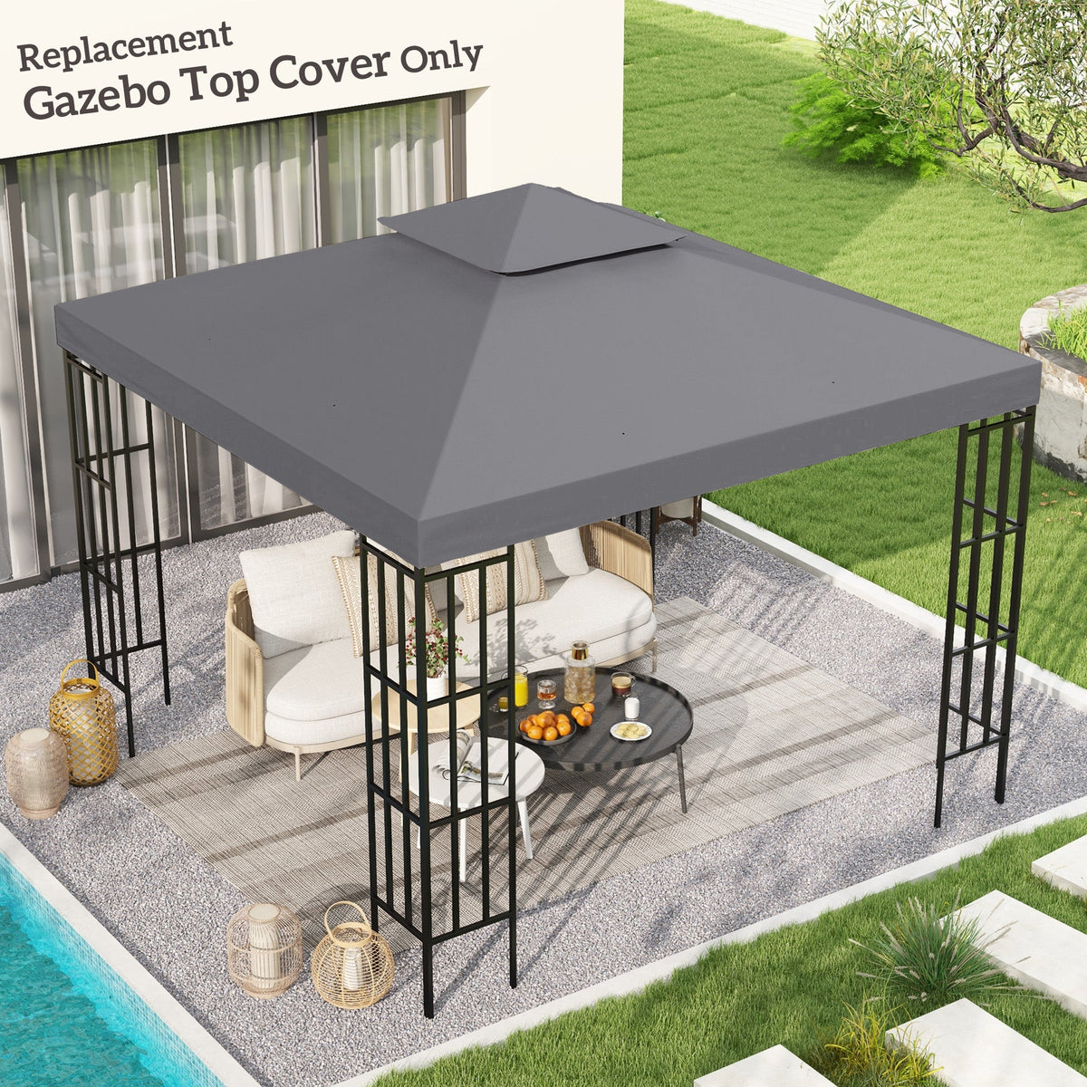 9.8' x 9.8' 2-Tier Gazebo Replacement Canopy, Dark Grey