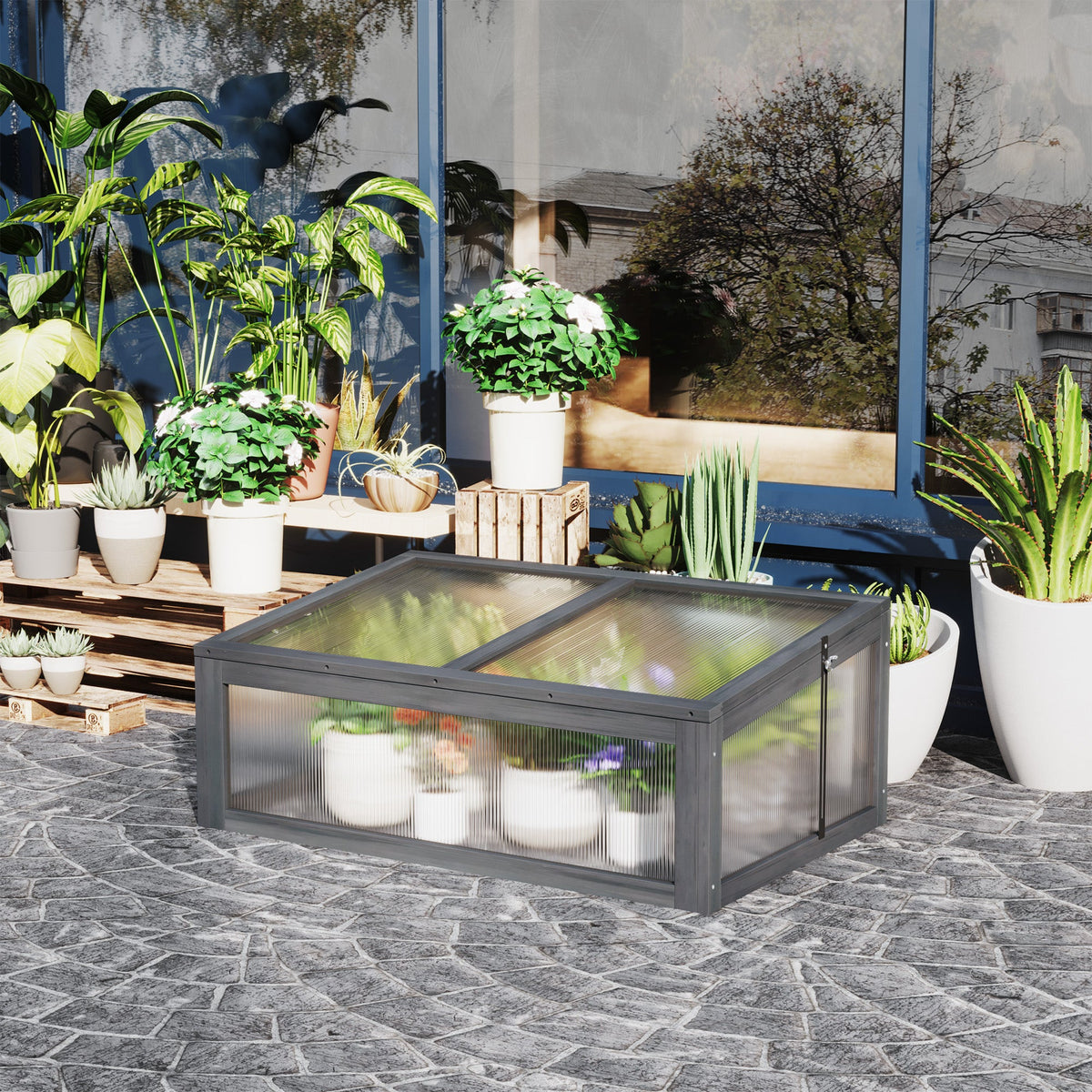NookGrow Wooden Cold Frame with Tilted Polycarbonate Top, 39" x 26" x 16", Grey