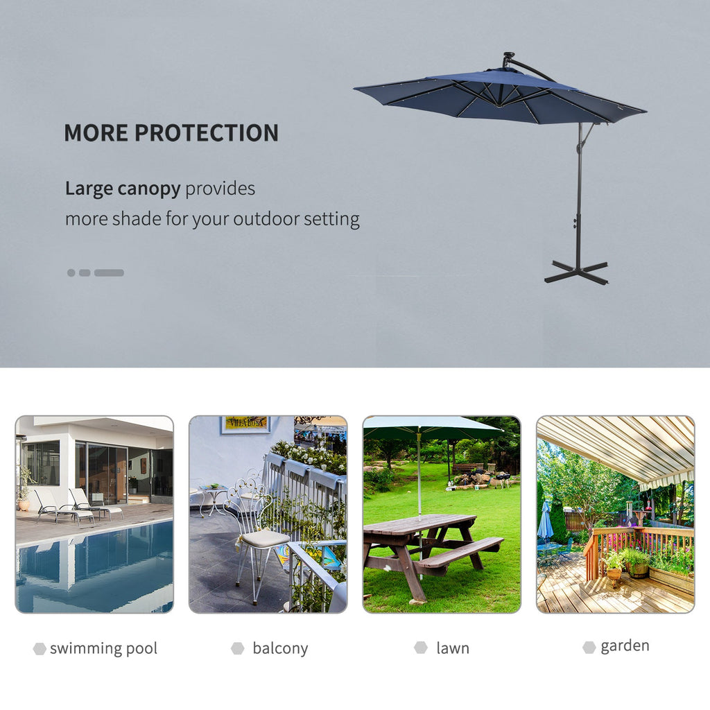 10' Solar Banana Umbrella with Lights & Adjustable Angle, Navy Blue