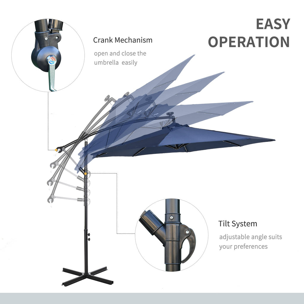 10' Solar Banana Umbrella with Lights & Adjustable Angle, Navy Blue