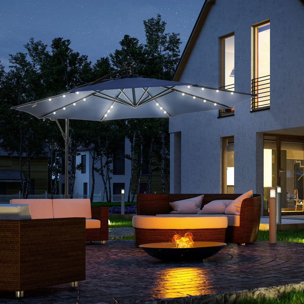 10' Solar Banana Umbrella with Lights & Adjustable Angle, Navy Blue