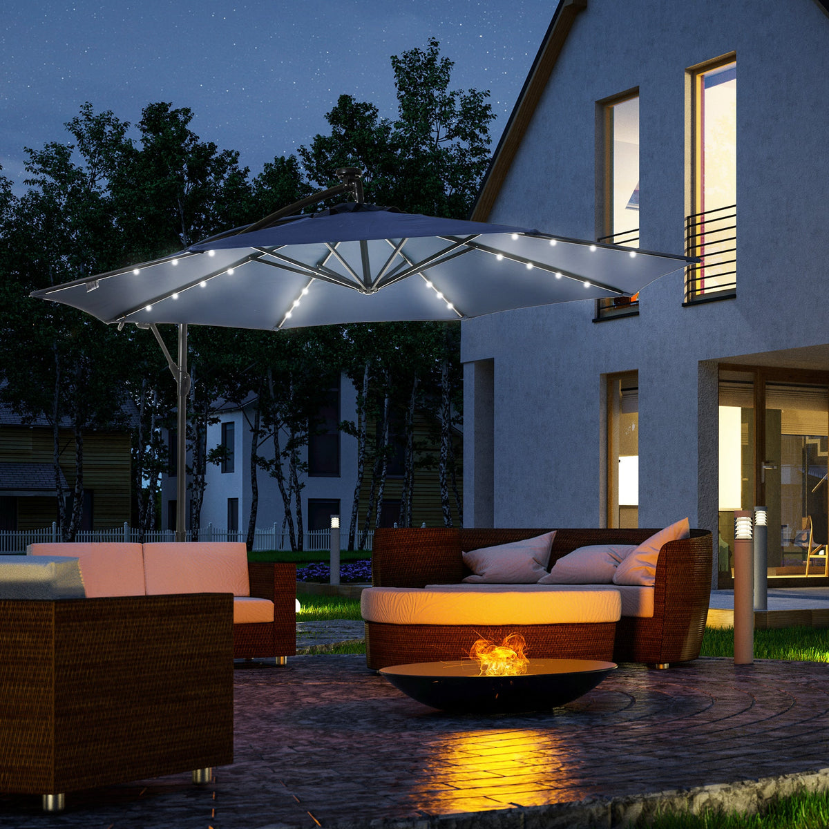 10' Solar Banana Umbrella with Lights & Adjustable Angle, Navy Blue