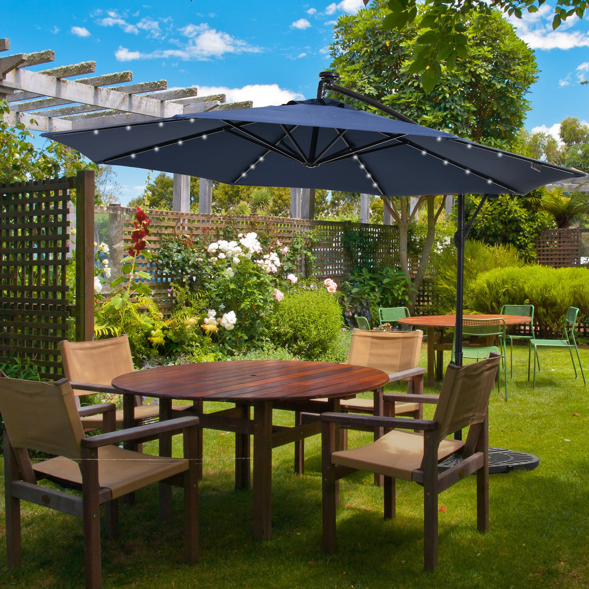 10' Solar Banana Umbrella with Lights & Adjustable Angle, Navy Blue